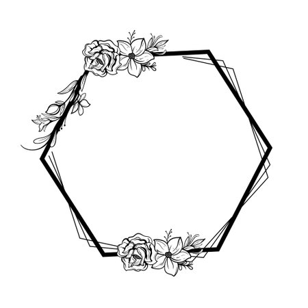 Botanical circle frame. Hand drawn round line border, leaves and flowers, wedding invitation and cards, logo design and posters templateのイラスト素材