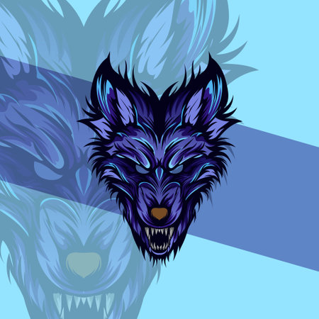 Vicious wolf head detail illustration mascot aggressive roaring in mid nightのイラスト素材
