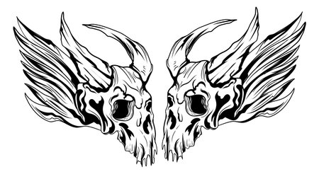 tattoo and t shirt design black and white hand drawn goat skull engraving ornamentのイラスト素材