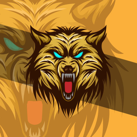 Vicious wolf head detail illustration mascot aggressive roaring in mid nightのイラスト素材