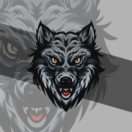 Vicious wolf head detail illustration mascot aggressive roaring in mid nightのイラスト素材