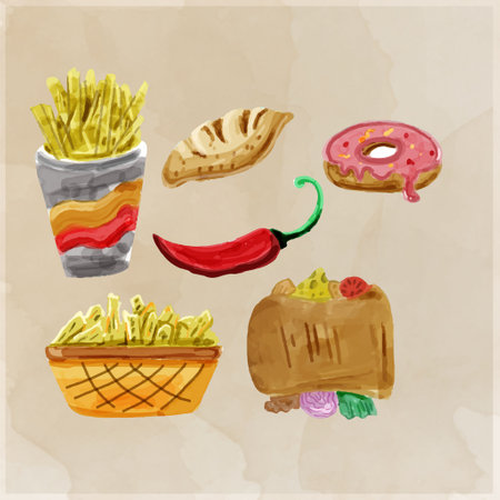 Hand painted Set of fast food doodle in watercolor style vector illustrationの写真素材