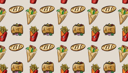 Fast Food Junk  Isometric Seamless Pattern Background Template flat design for decorative or gift wrapping paper,のイラスト素材