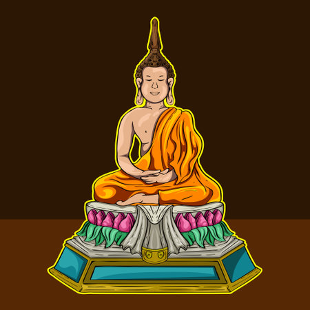 Gautama Buddha line decorative drawing. Sitting or meditating buddha statue Digital art collage combined Gold Colorのイラスト素材