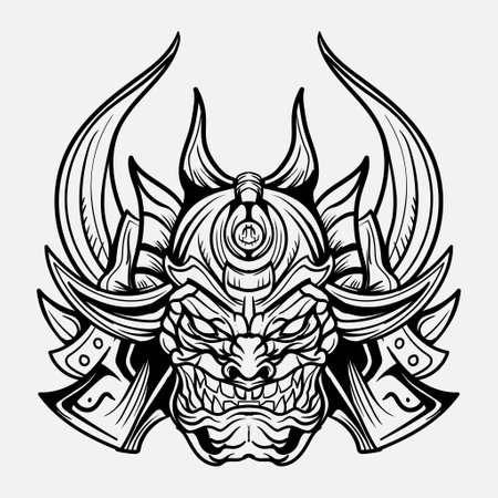 Oni Monster Mask Japanase helmet army samurai  in frame engraving ornament illustration black and white tattoo and tshirt apparelのイラスト素材
