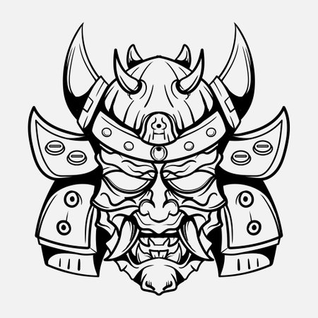 Oni Monster Mask Japanase helmet army samurai  in frame engraving ornament illustration black and white tattoo and tshirt apparelのイラスト素材