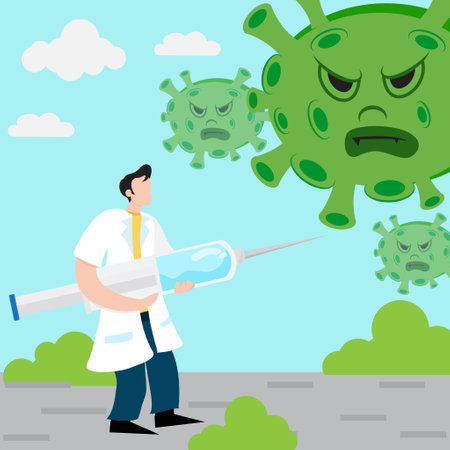 illustration of a a doctor holding a shot of a vaccine against coronavirus. illustrations can be used as elements of health postersのイラスト素材