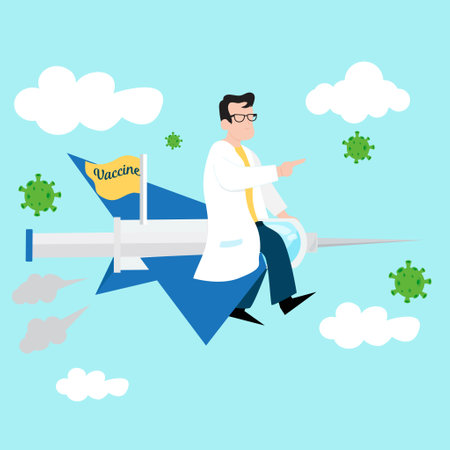 illustration of a doctor boarding a plane from a covid-19 vaccine. illustrations can be used as elements of health postersのイラスト素材