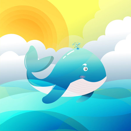 Cute cartoon whale on a background of the sea. Vector illustration.のイラスト素材