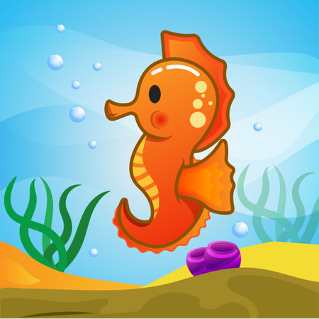 Orange seahorse on the seashore. Vector illustration.のイラスト素材