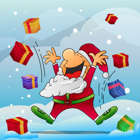 Santa claus flying with gifts on snow background. Vector cartoon illustration.のイラスト素材