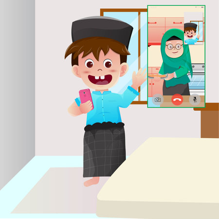 vector illustration a muslim child is videocalling with his mother in the room. graphics can be an additional children's illustration books, invitations and posters.のイラスト素材