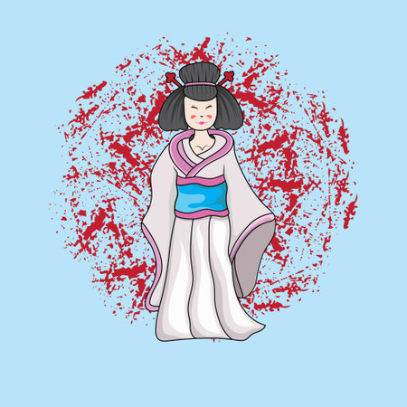 Beautiful geisha in pink Woman wearing traditional Japanese clothes. Hand drawn vector illustration.のイラスト素材