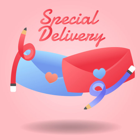 Special delivery concept. Vector illustration in flat design style. Red envelope with hearts and ribbon.のイラスト素材