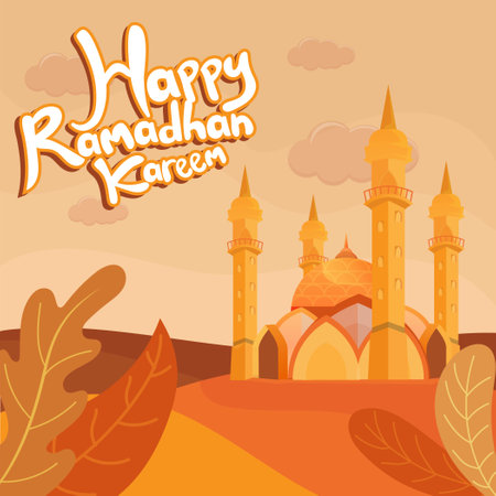 happy ramadan mubarak text greeting concept with Illustration mosque and floral for web landing page template, banner, presentation, social, and print media. islamic eid fitr or adha flat design vector illustration.のイラスト素材