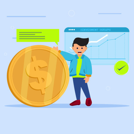 Young Man business invite investment to become rich in dollar coins illustration for investment contentのイラスト素材