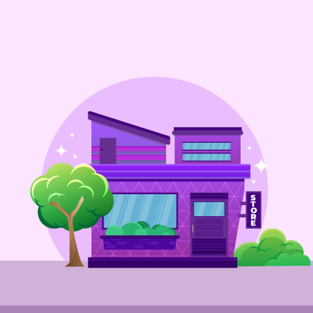 Grocery store concept Storefront Flat Design E-Commerce. shop or market store front exterior facade, vector illustration on sity space background.のイラスト素材