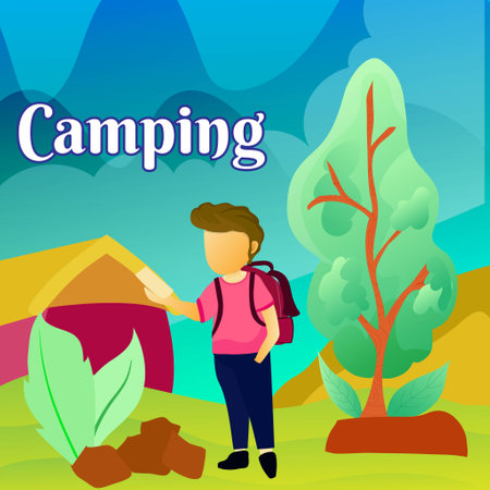 Young man camping in the forestのイラスト素材
