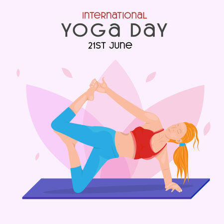 illustration of woman doing asana for International Yoga Day on 21st June with lotus backgroundのイラスト素材