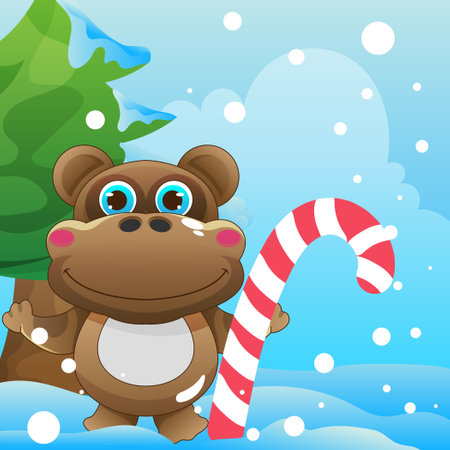 cute cartoon bear with christmas lollipop on snow backgroundのイラスト素材