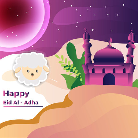 vector illustration. Muslim holiday Kurban Bayrami. sacrifice a ram or white and black sheep. graphic design decoration of flyers, posters, .month lamb and lamp.Translation from Turkish: Eid al-Adhaのイラスト素材
