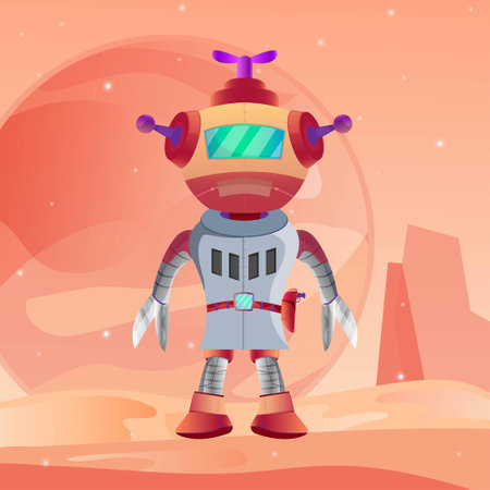 Cartoon robot on the background of the planet. Vector illustration.のイラスト素材