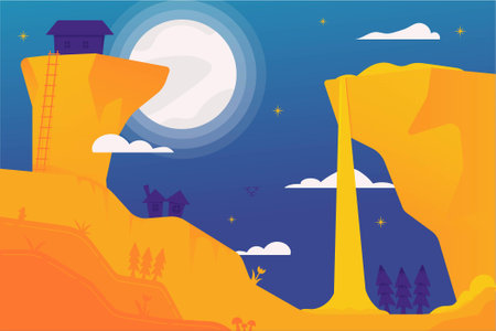 Vector illustration of landscape night on mountain. Concept of discovery, exploration, camping, adventure tourism and travel. Flat vector illustration.のイラスト素材
