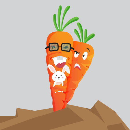 mascot geeky carrot friendship illustration hugging a rabbit doll, great design for t-shirt design and screen printing as well as for storybook coversのイラスト素材