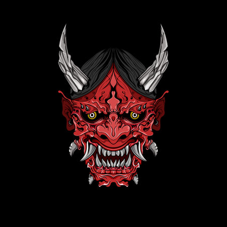 japanese Culture Red demon hanya mask or oni mask with hand draw style on white background. Ready for Print Apparel and tattoosのイラスト素材