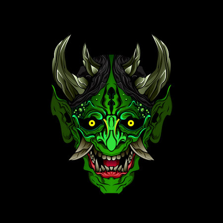 japanese Culture Green demon hanya mask or oni mask with hand draw style on white background. Ready for Print Apparel and tattoosのイラスト素材