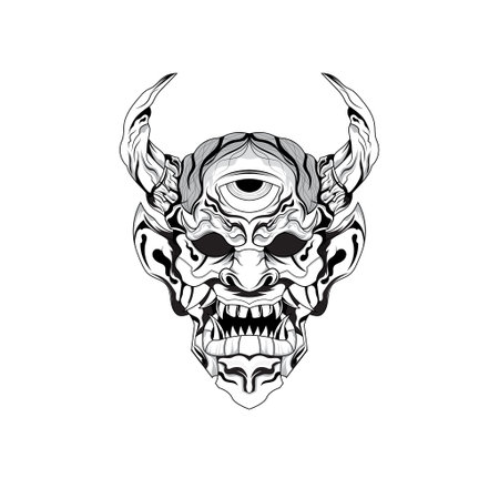 Hand drawn black and white tattoos artwork devil satan mask oni demon horn vector Illustration