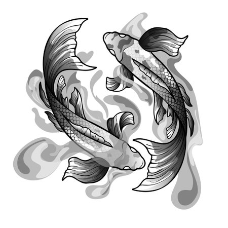 hand drawn koi fish with flower tattoo for Arm. Japanese tattoo and illustration for coloring book.Asian traditional tattoo design. Koi carp with Water splashのイラスト素材