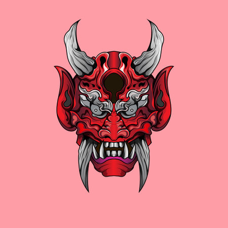 Red Hanya Mask illustration scary japanese demon mask isolated backgroundのイラスト素材