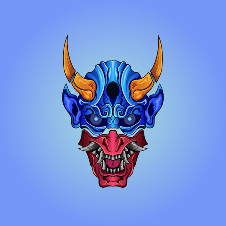hannya mask Red half blue and horns on his head with japanese style culture illustrationのイラスト素材