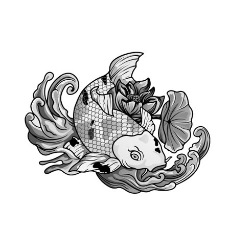 hand drawn koi fish with flower tattoo for Arm. Japanese tattoo and illustration for coloring book.Asian traditional tattoo design. Koi carp with Water splashのイラスト素材