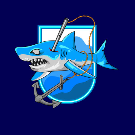 Shark with fishing rod and fish. Vector illustration on blue background.のイラスト素材
