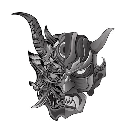 Illustration of an oni mask devil foor tattoos black and white scary japanese demon maskのイラスト素材