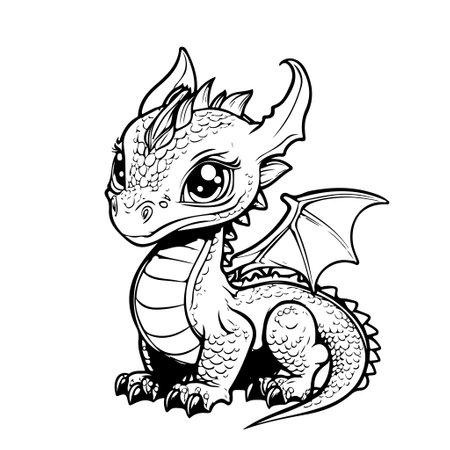 Hand drawing print education art character animal cute dragon outline black and white toy cartoon sketch happy coloring page and coloring booksのイラスト素材
