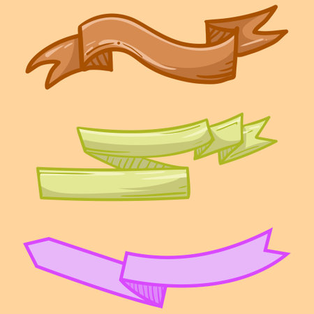 Set of element hand drawn decorative ribbon flags. Empty banner for old looking design of label, text header, title, calligraphy or lettering. Useful pretty tool, illustration in doodle style.のイラスト素材