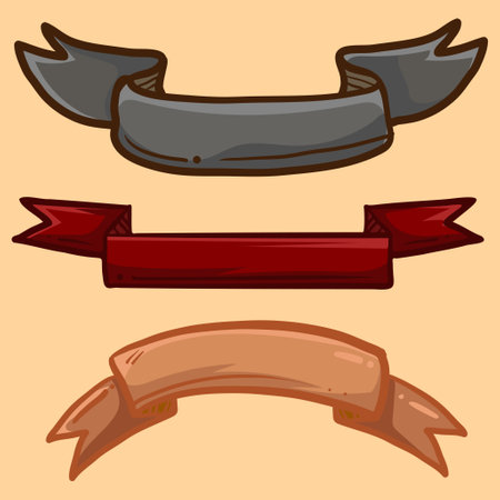 Set of element hand drawn decorative ribbon flags. Empty banner for old looking design of label, text header, title, calligraphy or lettering. Useful pretty tool, illustration in doodle style.のイラスト素材