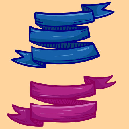 Set of element hand drawn decorative ribbon flags. Empty banner for old looking design of label, text header, title, calligraphy or lettering. Useful pretty tool, illustration in doodle style.のイラスト素材