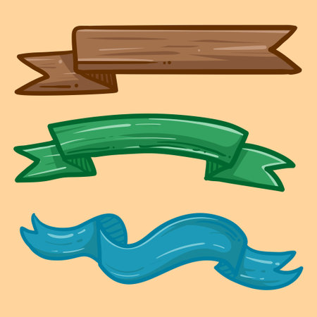 Set of element hand drawn decorative ribbon flags. Empty banner for old looking design of label, text header, title, calligraphy or lettering. Useful pretty tool, illustration in doodle style.のイラスト素材