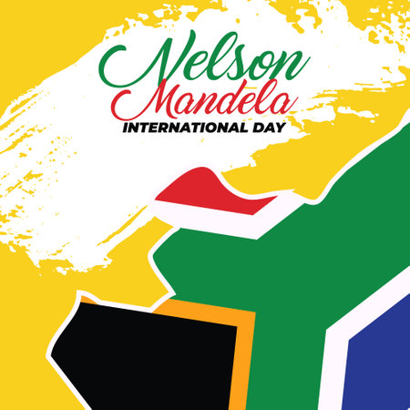 Banner Celebrate International Nelson Mandela Day July 18. Text design international Nelson Mandela Day on yellow background. South Africa flag concept art showing strength, unity and powerのイラスト素材