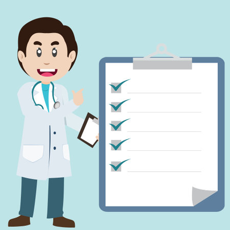 Illustration of doctor from hospital, therapist, medical staff, man, Cartoon character providing modern healthcare service checklist blank in noteのイラスト素材