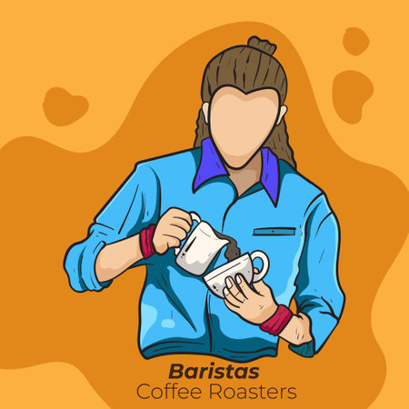 coffee barista or bartender man wearing apron standing whipped milk into the coffee mug. Coffee shop, coffee time and take away concept. people character illustration Cartoon minimal style.のイラスト素材