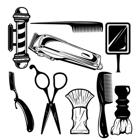 Barbershop and haircuts salon design elements. of Isolated on white background. Perfect for t-shirt, emblems, labels, badges and logos.のイラスト素材