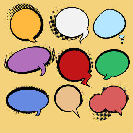 set of comic speech bubbles and elements balloon communication message set with black halftone...