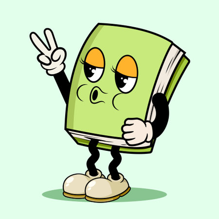 Piece finger pose Mascot cartoon Happy Green Book character in vintage retro style on backgroundのイラスト素材