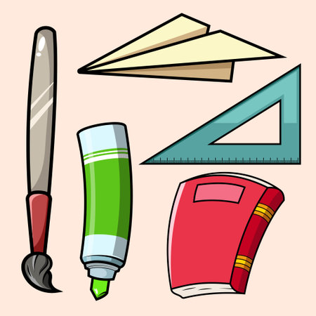 Set of school stationery icon stickers. Back to school concept supplies Illustration for learning, books, backpack, ruler, pencilのイラスト素材
