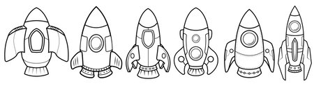 Set of Black and white Rocket Space for launch galaxy astronomy astronaut universe Kids coloring page, drawing, art, flash card. Color cartoon character clipart.のイラスト素材